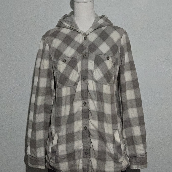Eddie Bauer Tops - Eddie Bauer Gray Flannel Button Down Hoodied
